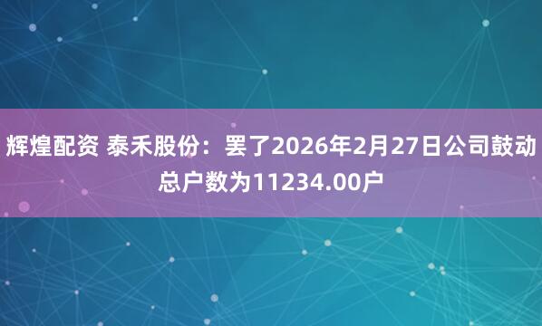 辉煌配资 泰禾股份：罢了2026年2月27日公司鼓动总户数为11234.00户